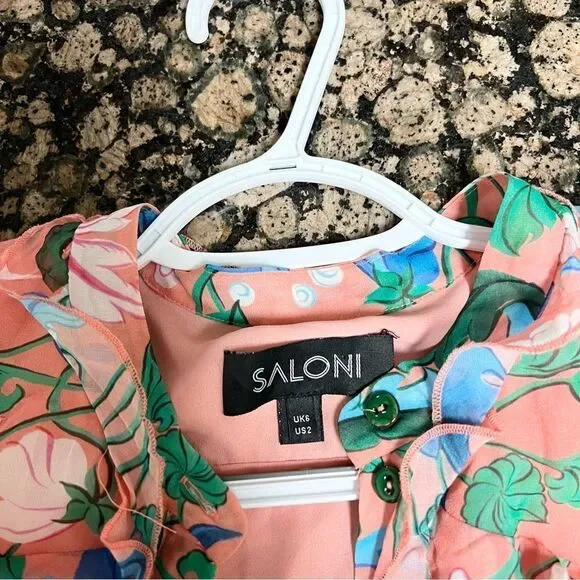 Saloni Tilly 100% Silk Pink Floral Button Up Ruffle Dress Size 2 Sleeveless - Picture 6 of 8